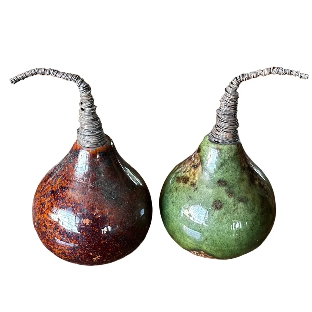 PIER 1 Pear Ceramic Gourd w/Brown Wire Stem (set of 2) Decor